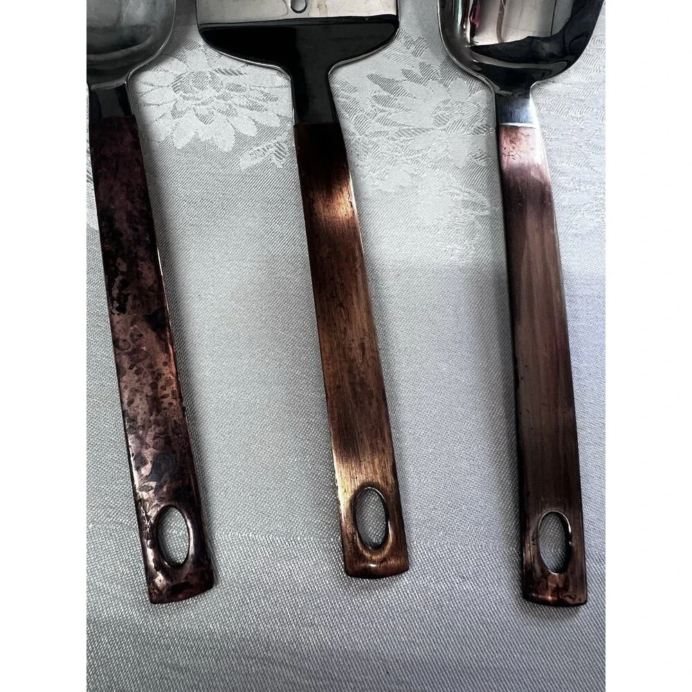 Crate & Barrel Copper Handle Stainless Steel Spoon Spatula Utensils 3 Pc Set